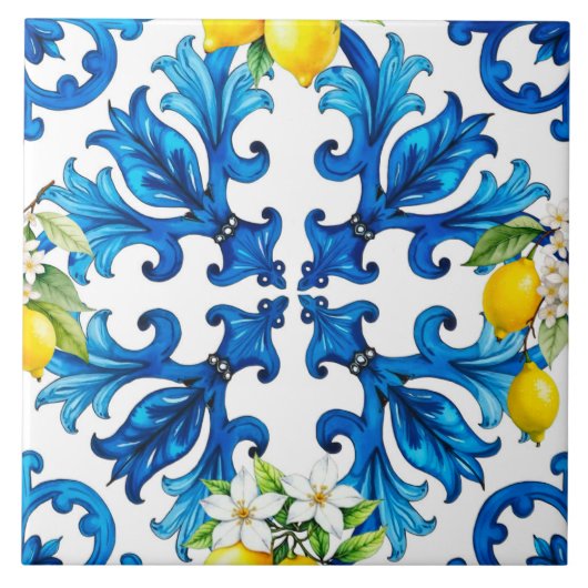 Carreau sicilien, été, citron, mosaïque, bleu (Devant)