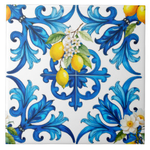 Carreau sicilien, été, citron, mosaïque, bleu