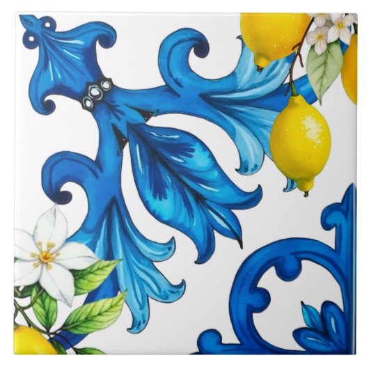 Carreau sicilien, été, citron, mosaïque, bleu (Devant)