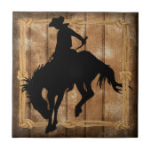 Carreau Silhouette Cowboy sur un cheval Bronco Bucking (Devant)