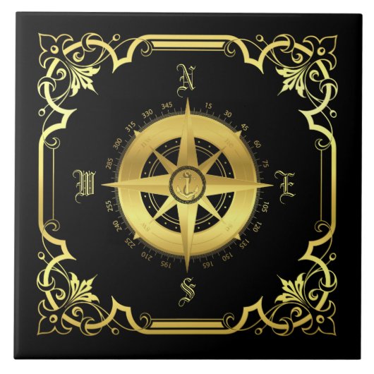 Carreau Silhouette de boussole du navire marin/or/noir (Devant)