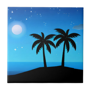 Carreau Silhouette de l'île tropicale avec lune et étoiles