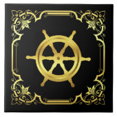 Carreau Silhouette de roue du navire nautique/or/noir (Devant)