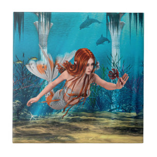 Carreau Sirène aux Cheveux Rouges Art Fantastique Sous-Mar