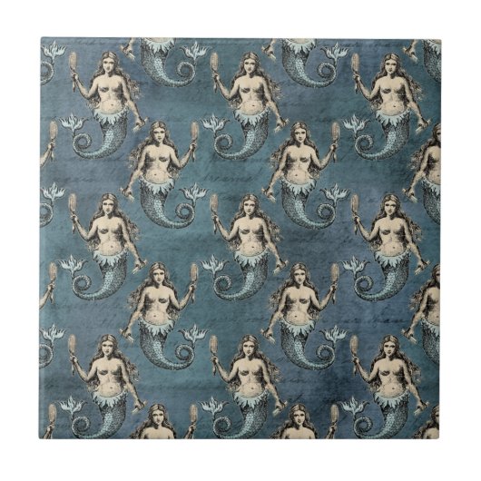 Carreau Sirène Mer Créatures Océan Bleu Couleur manuscrite (Devant)