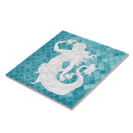 Carreau Sirène sur Motif de verre marin Aqua (Côté)