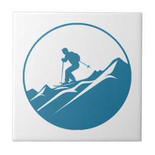 Carreau Skieur de neige Ski Down Rocky Mountains Blue et W