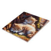 Carreau Sleepy Kitten et Chute de Chiot Feuilles Portrait  (Côté)