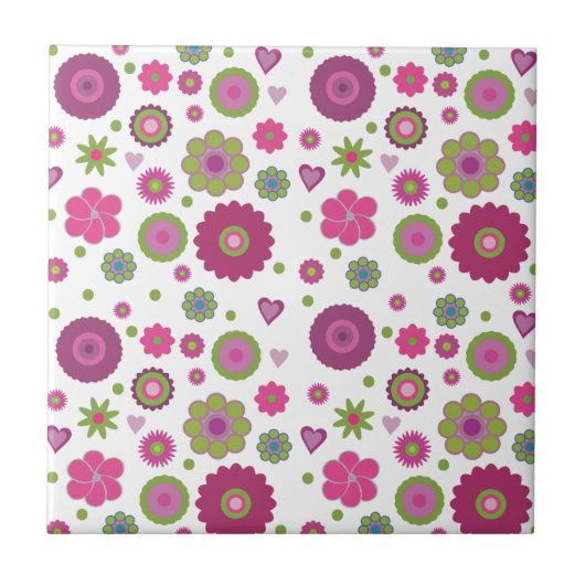 Carreau Snazzy Purple and Green Flower Pattern on White (Devant)