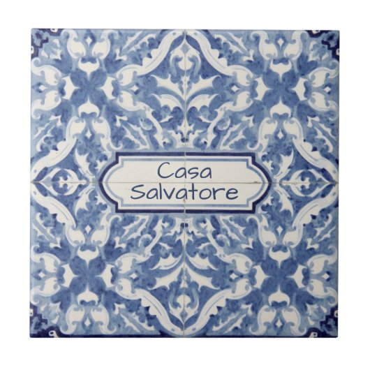 Carreau Snowflake pattern blue & white holiday custom name (Devant)