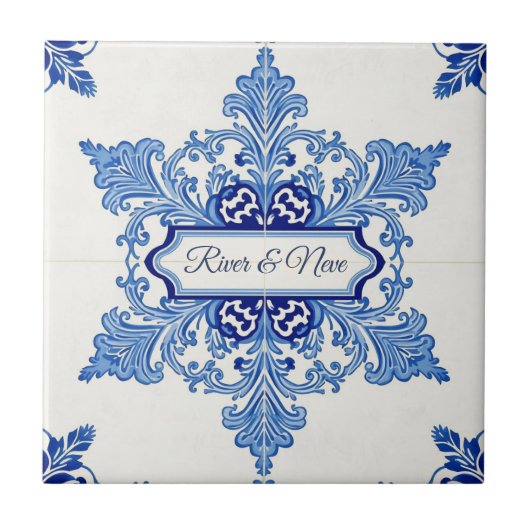 Carreau Snowflake pattern blue & white holiday custom name (Devant)