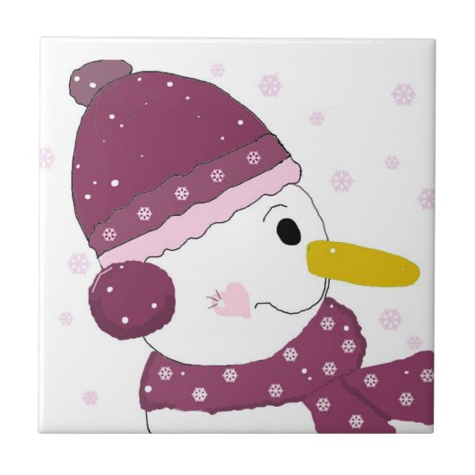 Carreau Snowman en Écharpe violette et Casquette (Devant)