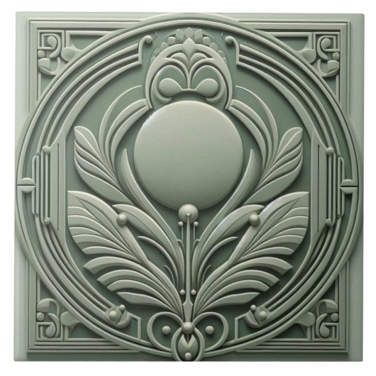 Carreau Soft Sage Green Art Deco Symmetric Botanical Motif (Devant)