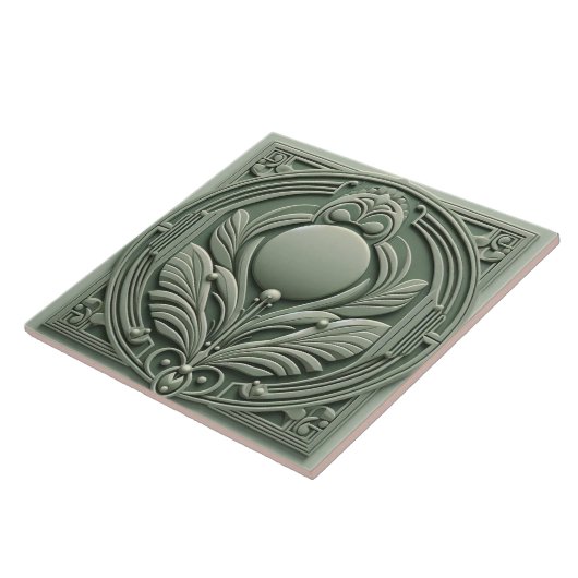 Carreau Soft Sage Green Art Deco Symmetric Botanical Motif (Côté)
