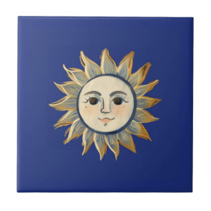 Carreau Soleil céleste avec visage or et bleu foncé