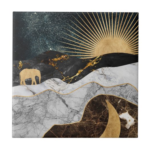 Carreau Soleil et Lune dorés avec Eléphant en Marbre Cosmi (Devant)