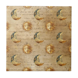 Carreau Soleil Lune Céleste Doré Motif Astrologie Vintage