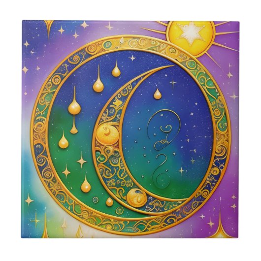Carreau Soleil, Lune, Étoiles, Couleurs de bijoux filigran (Devant)