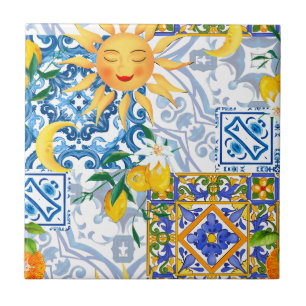 Carreau soleil méditerranéen, fleurs, citron, moitié lune,