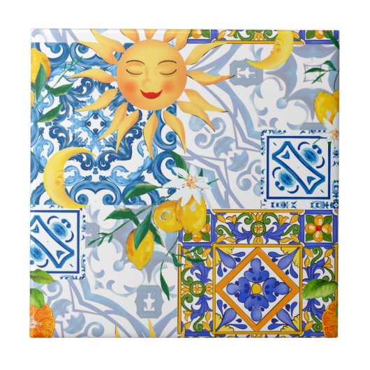 Carreau soleil méditerranéen, fleurs, citron, moitié lune, (Devant)