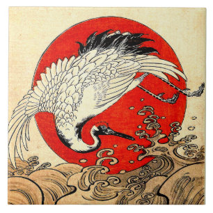 CARREAU SOLEIL ROUGE, CRANE DE VOL JAPONAISE ET VAGUES MAR