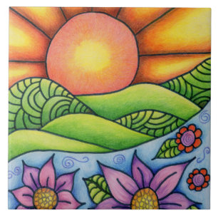 Carreau Soleil sur ruisseau de collines et fleurs