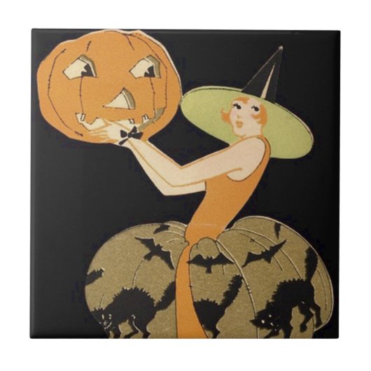 Carreau Sorcière Art Déco Jack-o'-lantern Citrouille Chat  (Devant)