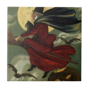 Carreau Sorcière de Halloween vintage chevauchant un balai