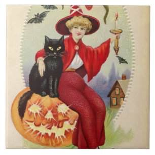 Carreau Sorcière de Halloween vintage et chat noir