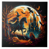 Carreau sorcière éffrayante à cheval sous une pleine lune (Devant)