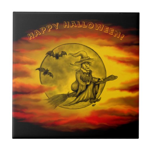 Carreau Sorcière volante avec chat noir, nuit halloween (Devant)