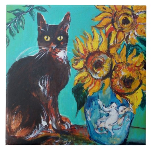 CARREAU SOUCHES AVEC CHAT NOIR EN TURQUOISE BLEUE (Devant)
