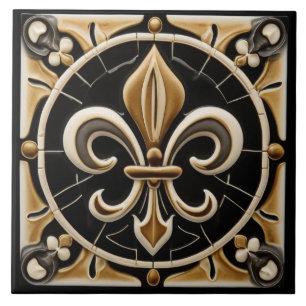 Carreau Soulagement Gold et Black Fleur de Lis Faux