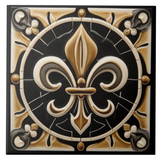 Carreau Soulagement Gold et Black Fleur de Lis Faux (Devant)