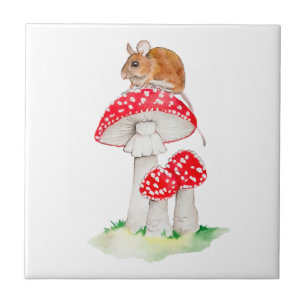 Carreau Souris mignonne sur amanite tue-mouches aquarelle