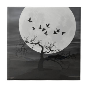 Carreau Spooky Ravens Flying Against the Full Moon