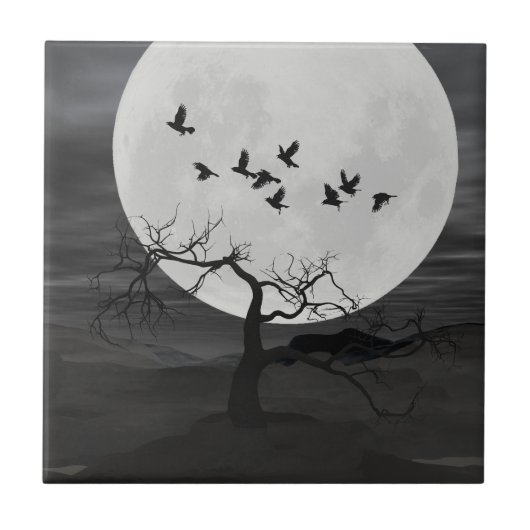 Carreau Spooky Ravens Flying Against the Full Moon (Devant)