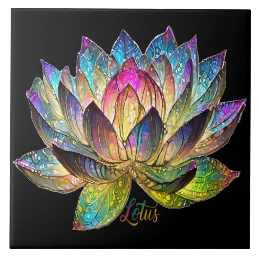 Carreau Stained Glass Colorful Lotus Flower on Black (Devant)