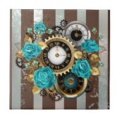 Carreau Steampunk Clock and Turquoise Roses on Striped (Devant)