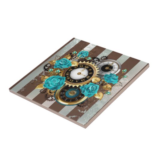 Carreau Steampunk Clock and Turquoise Roses on Striped (Côté)