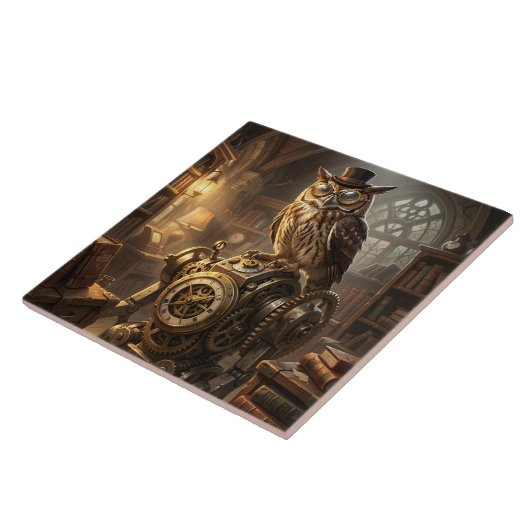 Carreau steampunk owl clockwork art tile (Côté)