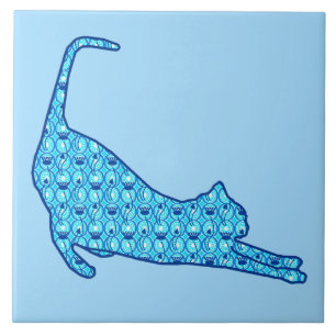 Carreau Stretting Cat Silhouette dans un Motif Lotus Bleu