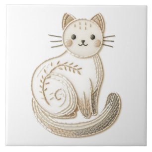 Carreau Style brodé Neutre Boho Kitty Chat Art