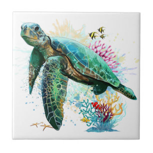 Carreau Style d'aquarelle sous-marine de tortue marine