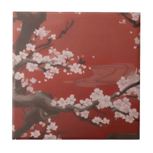 Carreau Style japonais Arte cerise blanche Fleur rouge