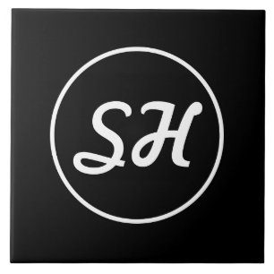 Carreau Style Rétro-Moderne Monogramme Noir & Blanc