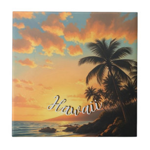 Carreau Style Vintage Hawaïen Voyage Côte Mer Coucher de s