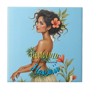 Carreau Style vintage Hawaiian Travel Honolulu Hula Girl