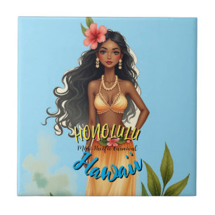 Carreau Style vintage Hawaiian Travel Honolulu Hula Girl