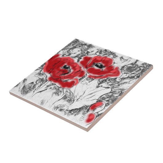 Carreau Stylo dessiné à la main des pavots rouges fleurs f (Côté)